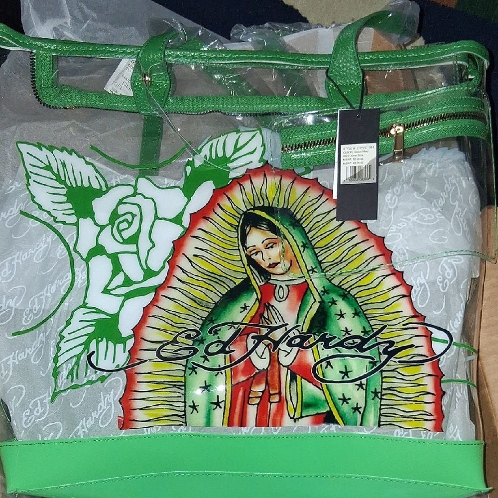 Ed Hardy Green Tote Bag with Mexican Folk Art Design
